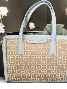 Tommy Hilfiger Beige Canvas Tote with Light Blue Leather Trim